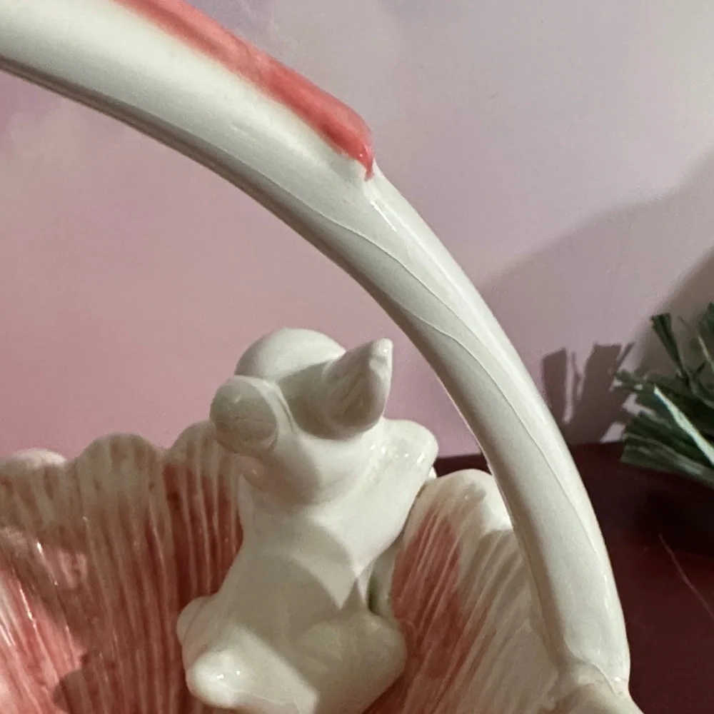 Vintage Ceramic bunny basket with a pink bow and floral motif